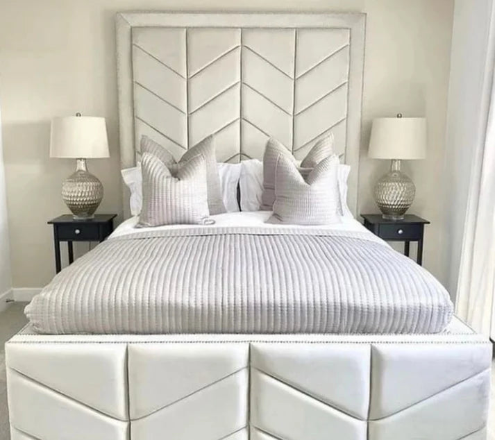 Bed Frame Double - Upholstered Tall Headboard Bed