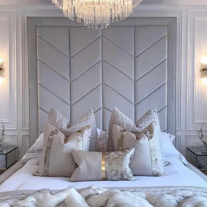 Bed Frame Double - Upholstered Tall Headboard Bed