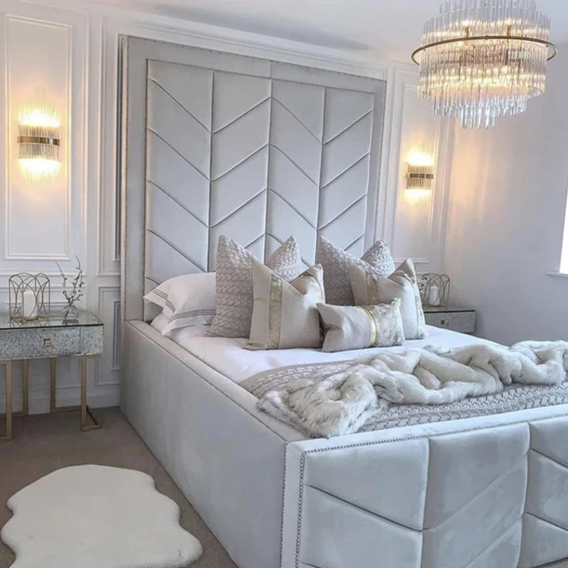 Bed Frame Double - Upholstered Tall Headboard Bed Frame