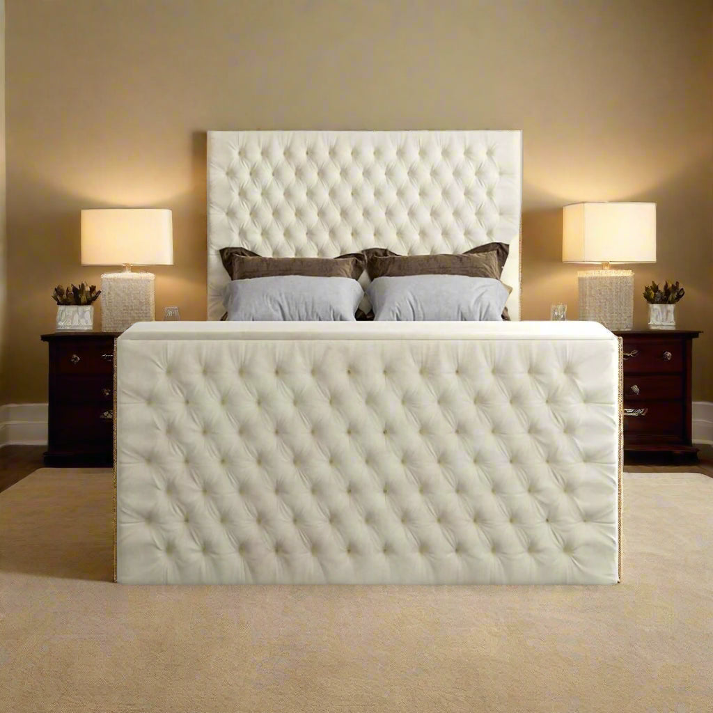 King Size Tv Bed -  Luxury Deep Tufted Tv Bed With Frame High Headboard