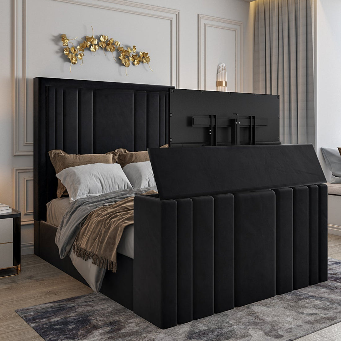 Tv Bed Double - Velvet Bespoke Tv Bed Frame