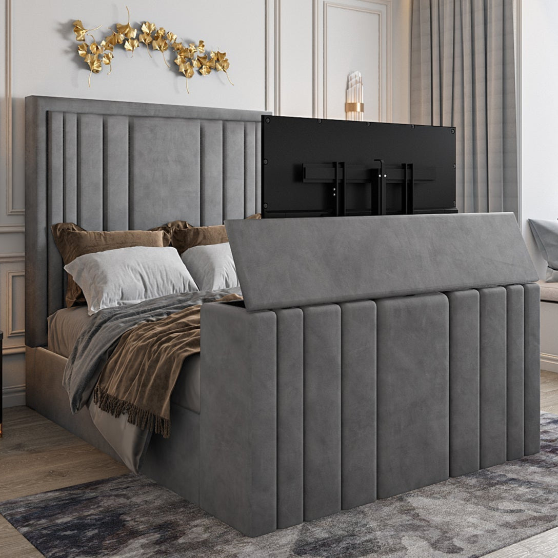 Tv Bed Double - Velvet Bespoke Tv Bed Frame With Mattress