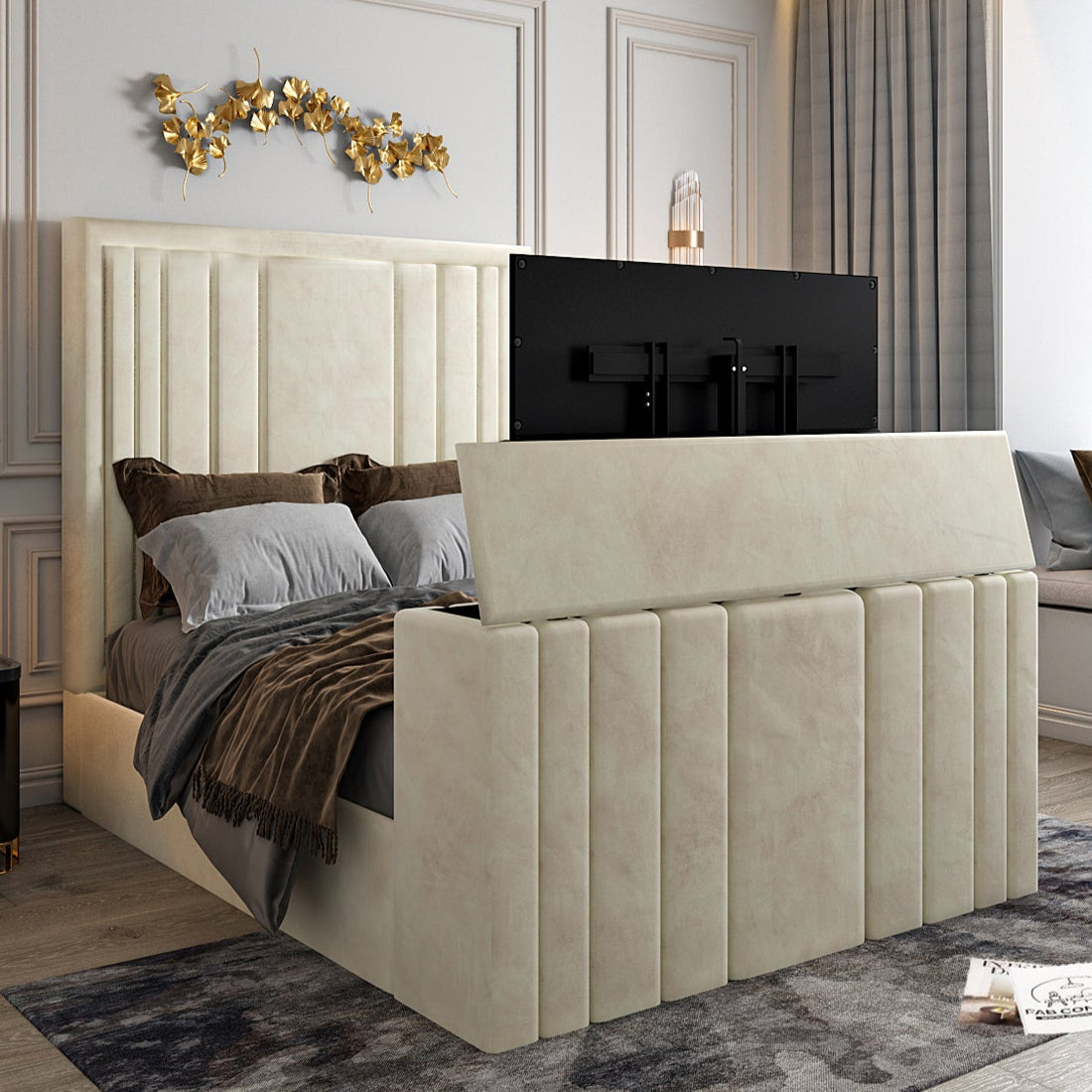 Tv Bed Double - Velvet Bespoke Tv Bed With Frame