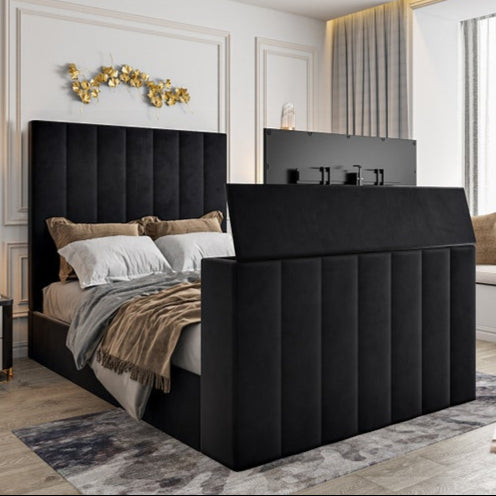 Tv Bed King Size - Plush Velvet Bed Frame With Motorized Headboard