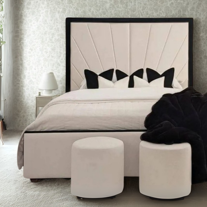 Wooden Bed Frame - Sunburst Cream velvet Bed