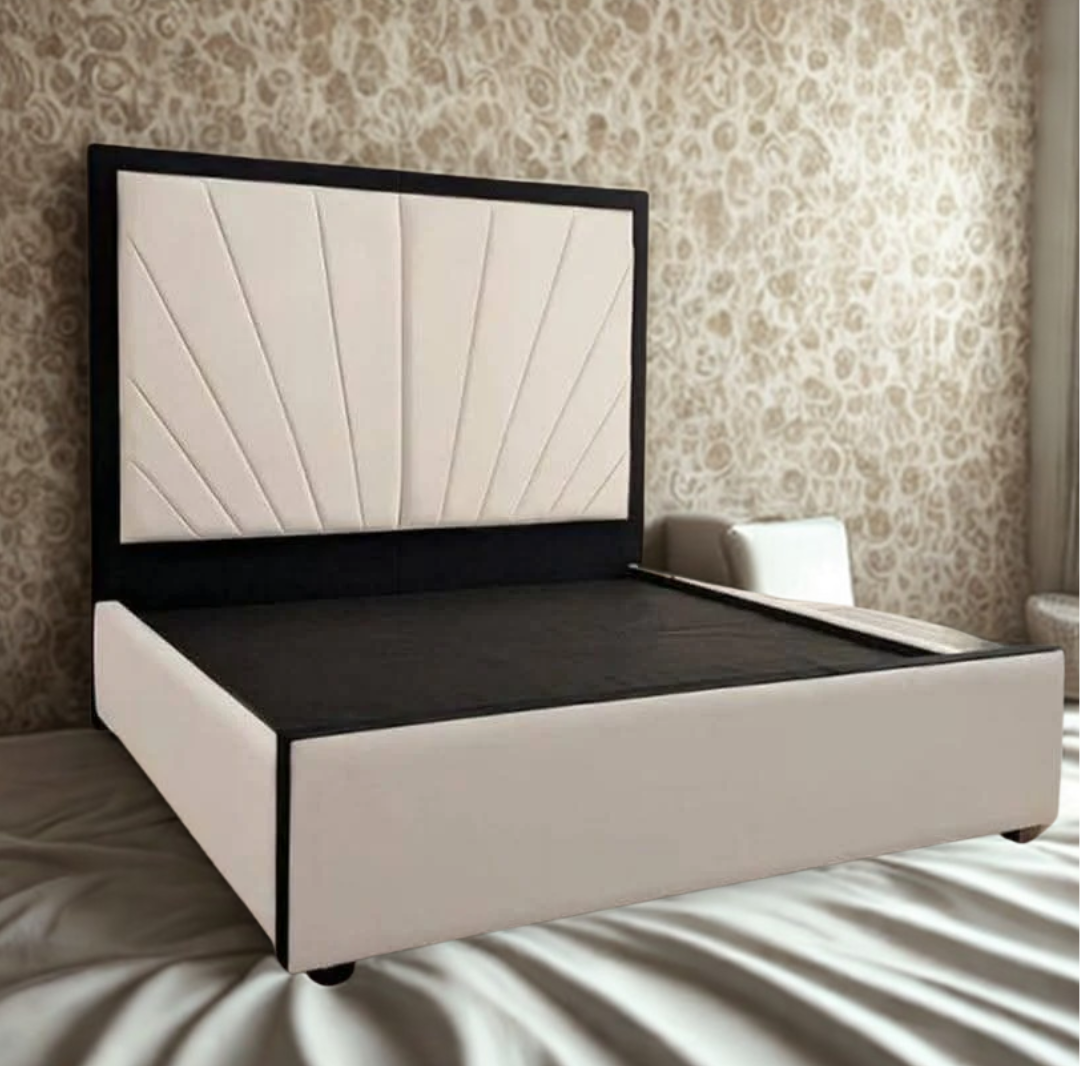 Wooden Bed Frame - Sunburst Cream velvet Bed Frame