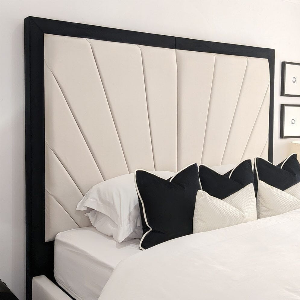 Wooden Bed Frame - Sunburst Cream velvet Bed With Frame