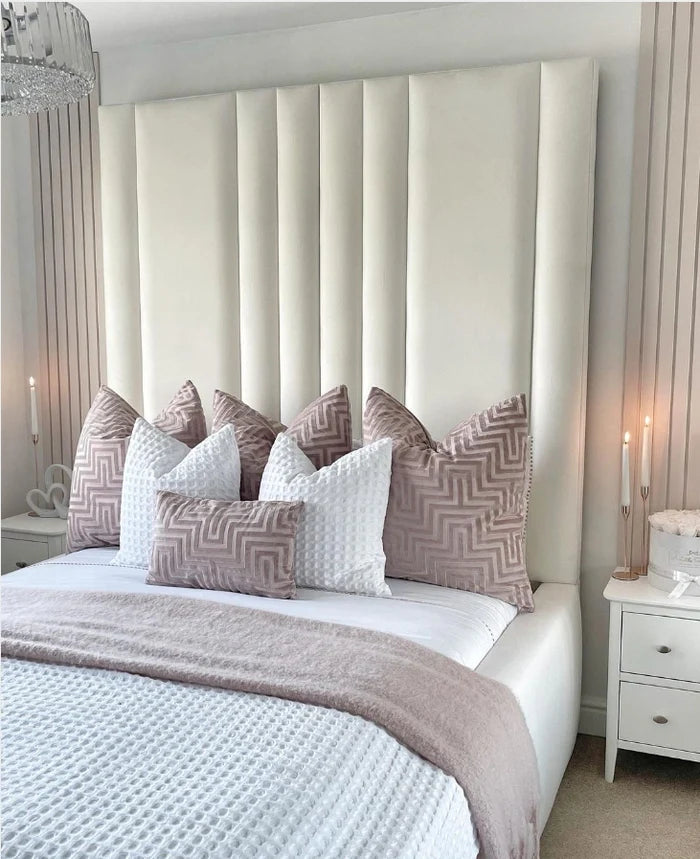 Wooden Double Bed Frame - Tall Vertical Linear Bed With Frame